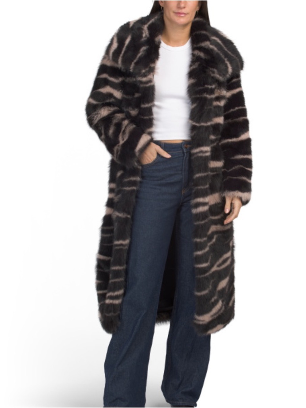 NVLT Longline Faux Fur Zebra-Stripe Coat